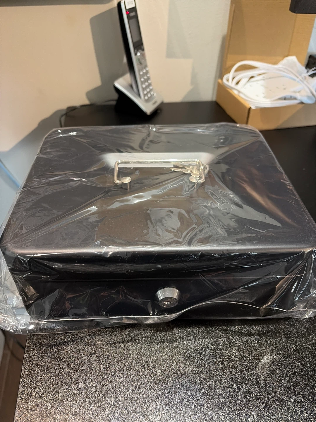 Black Metal Cash Box with Lock and Keys