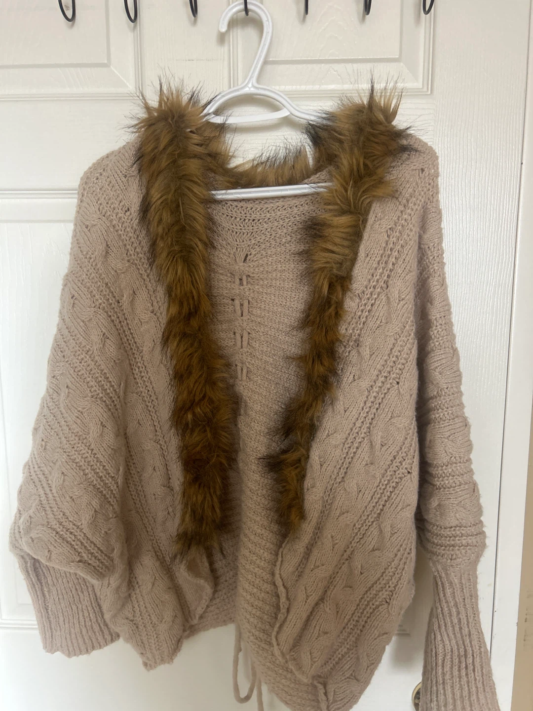 Beige Knit Sweater with Faux Fur Trim