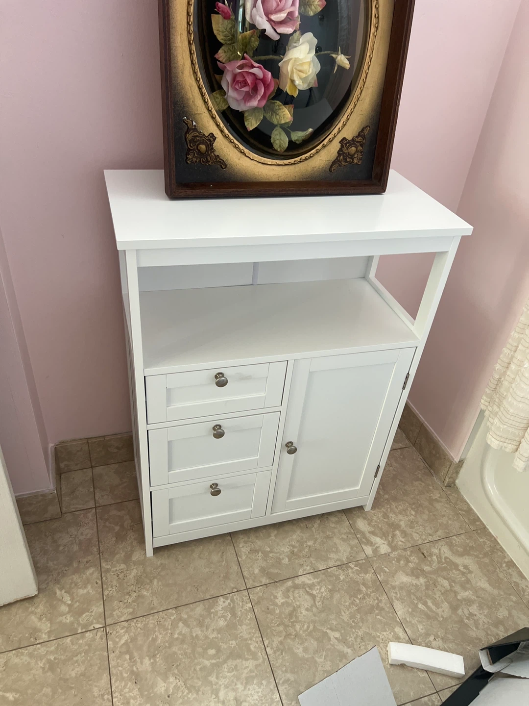White Storage Cabinet with 3 Drawers and 1 Door