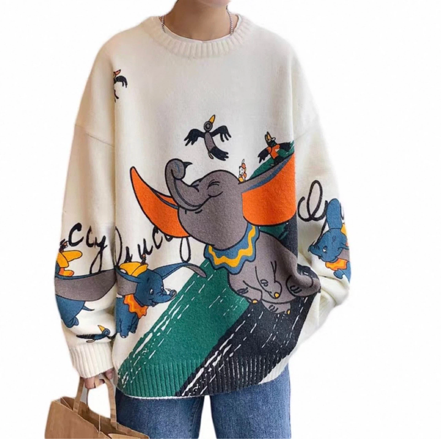 Cream Dumbo Graphic Knit Sweater