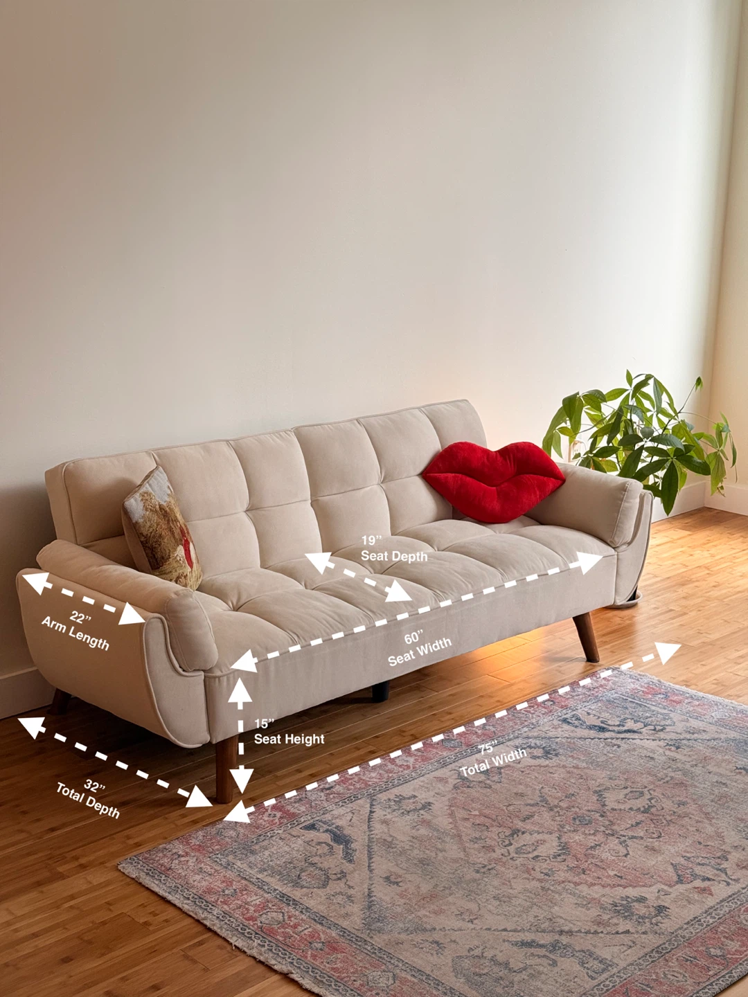 Cream Tufted Futon Sofa - 75” Width - photo 3