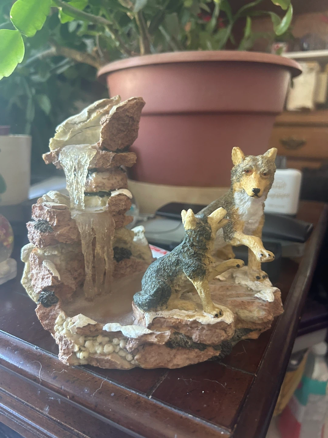 Wolf Figurine with Waterfall Accent