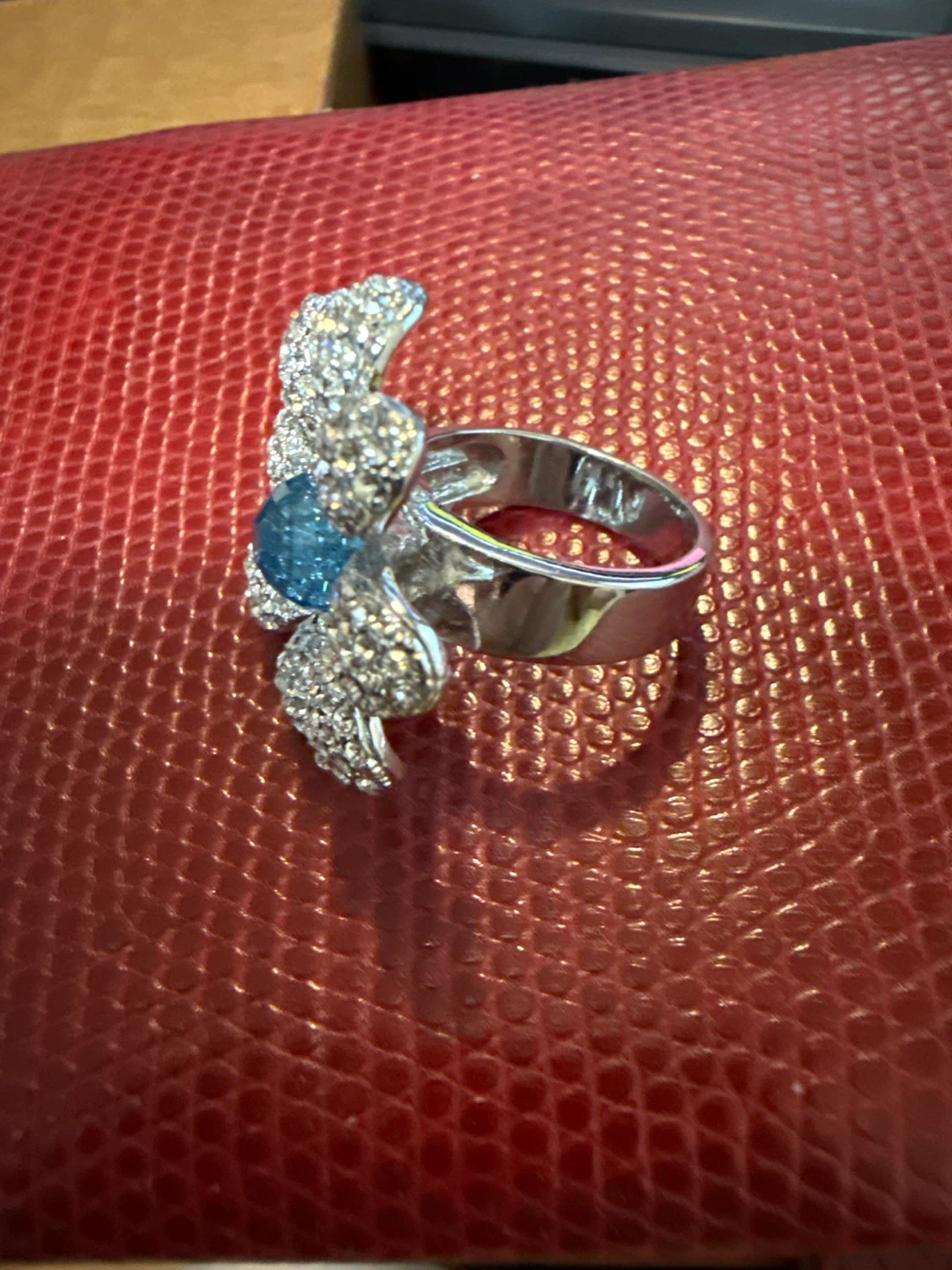 Rhinestone Flower Ring with Blue Center Stone