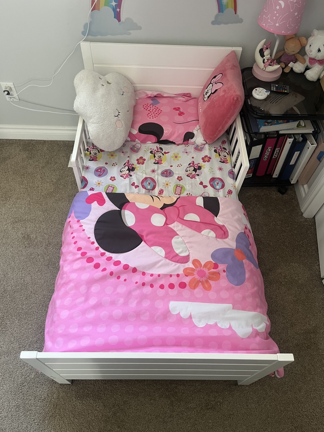 White Toddler Bed with mattress and Bedding