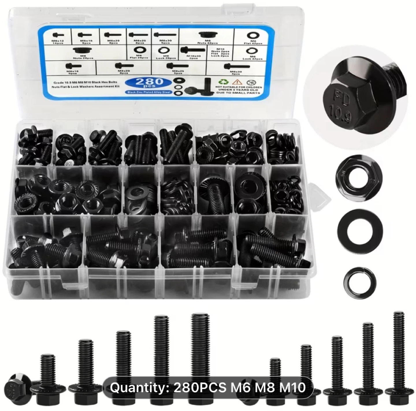280pcs Metric Flange Bolt Assortment, M6x1.0, M8x1.25, M10x1.5