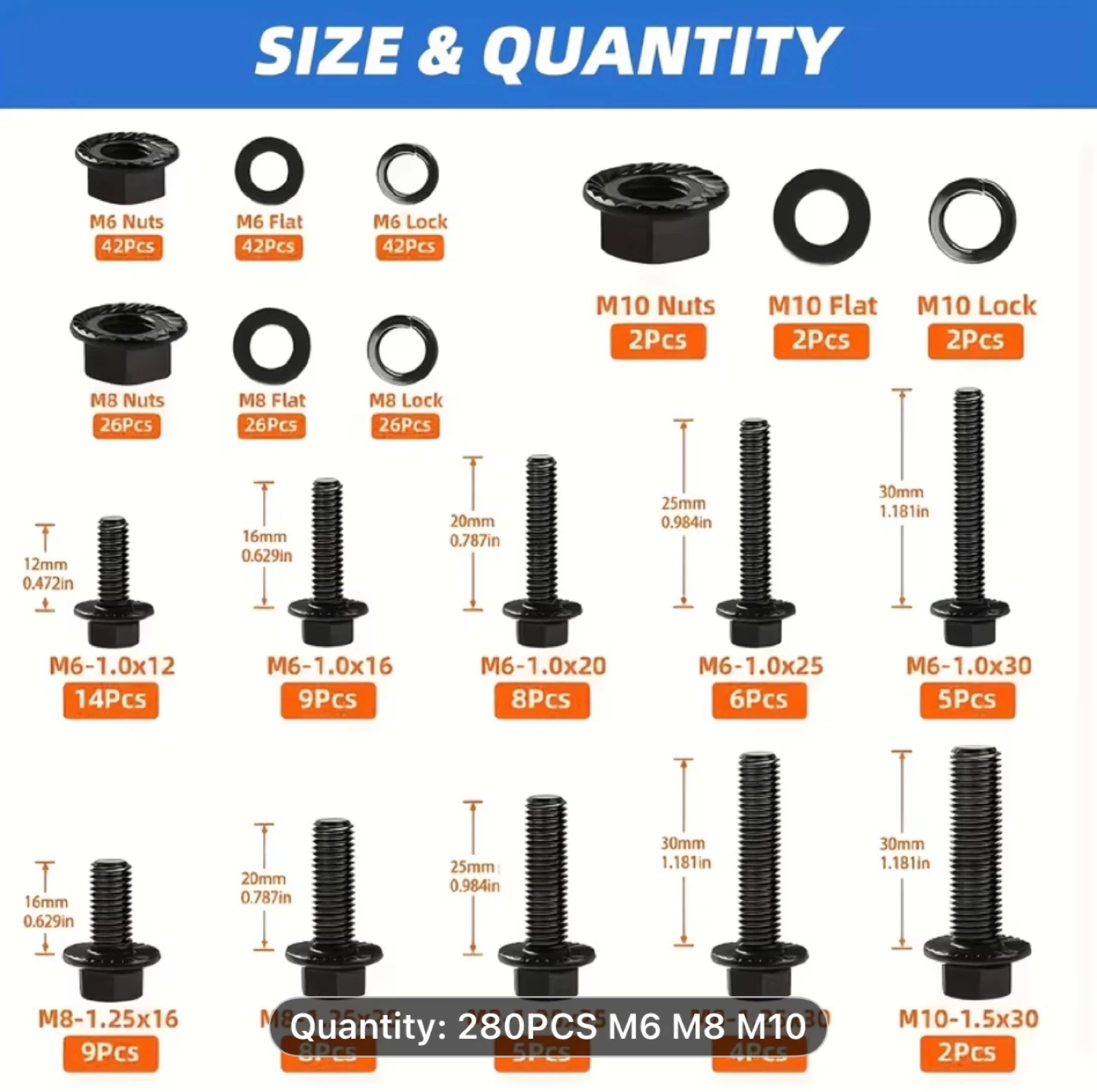 280pcs Metric Flange Bolt Assortment, M6x1.0, M8x1.25, M10x1.5 - photo 2