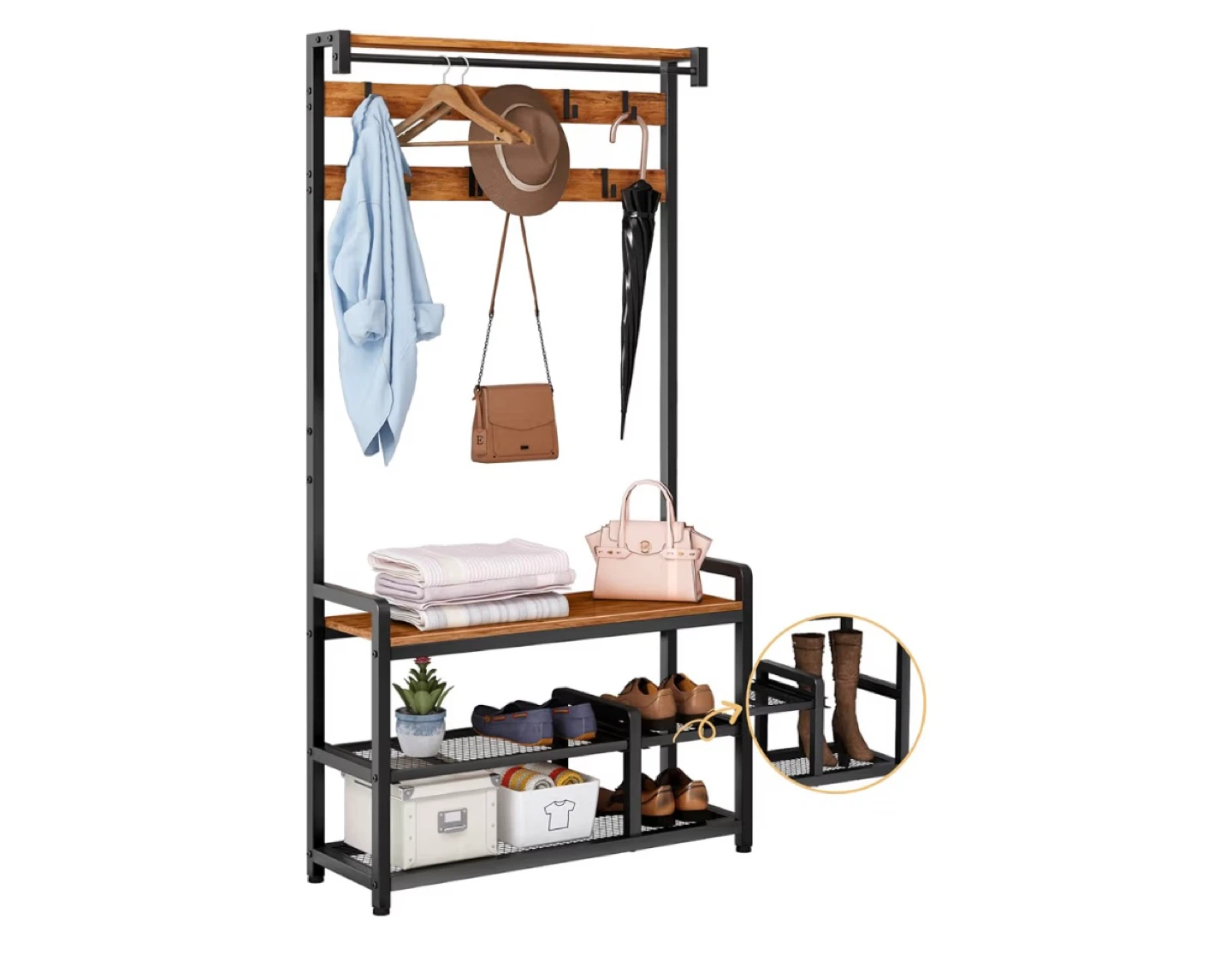 Hall Tree Coat Rack with Shoe Bench and Shelves - photo 2