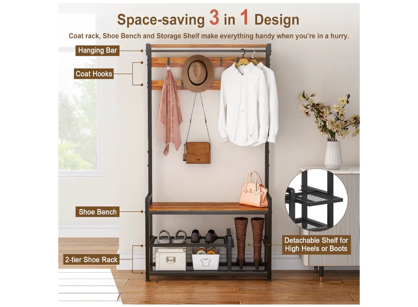 Hall Tree Coat Rack with Shoe Bench and Shelves - photo 3
