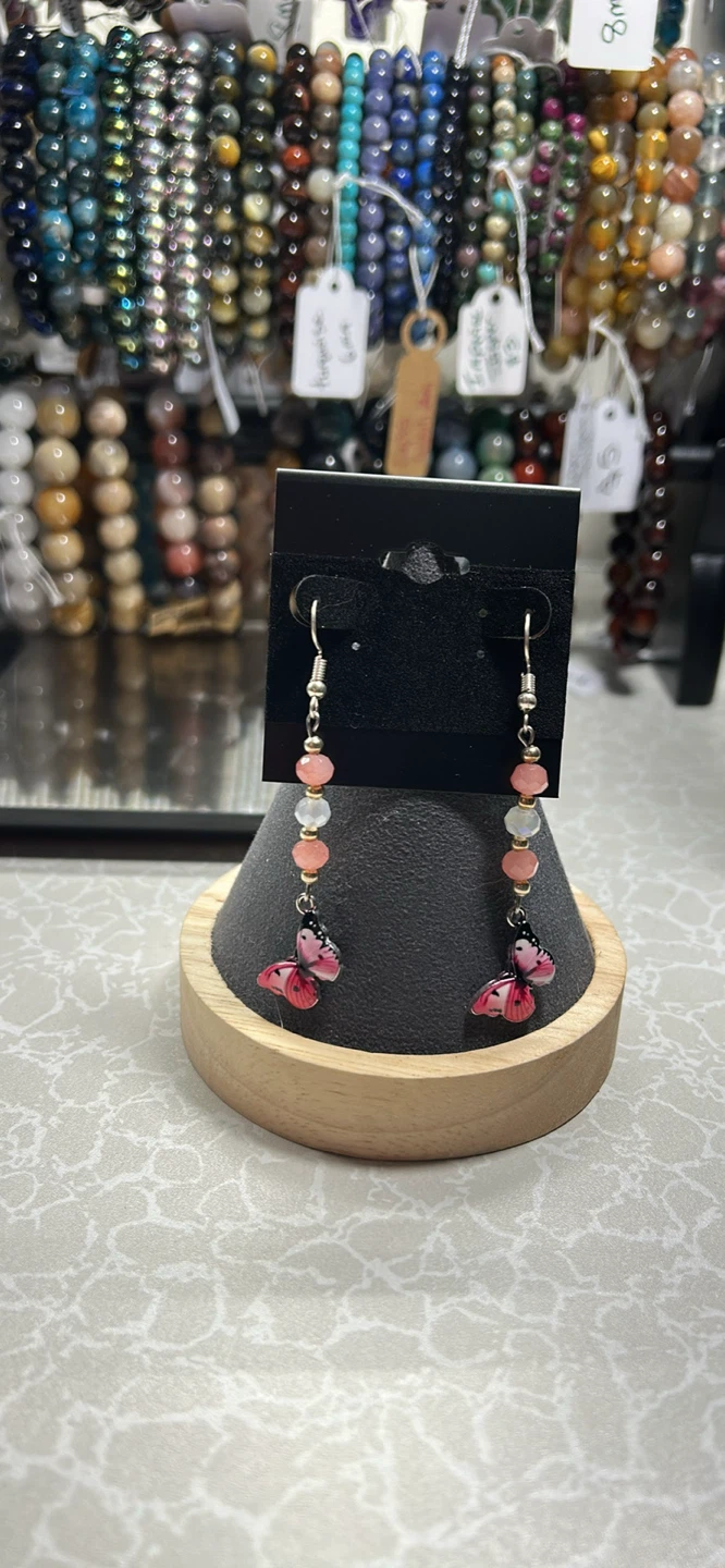 Pink Butterfly Dangle Earrings with Glass