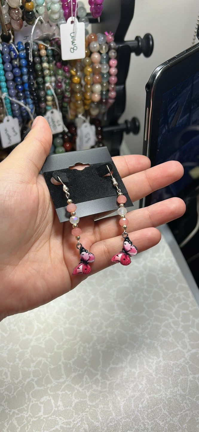 Pink Butterfly Dangle Earrings with Glass - photo 3