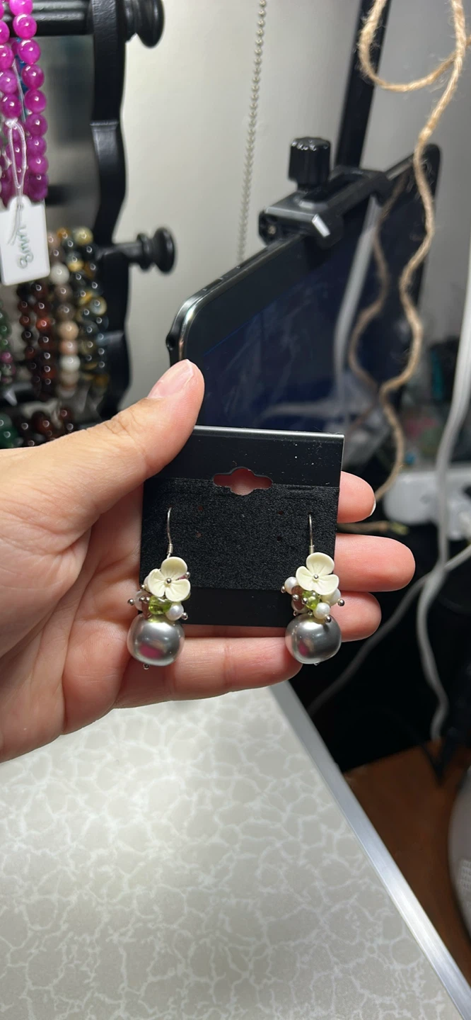 Silver Pearl Drop Earrings with White Flower Accents