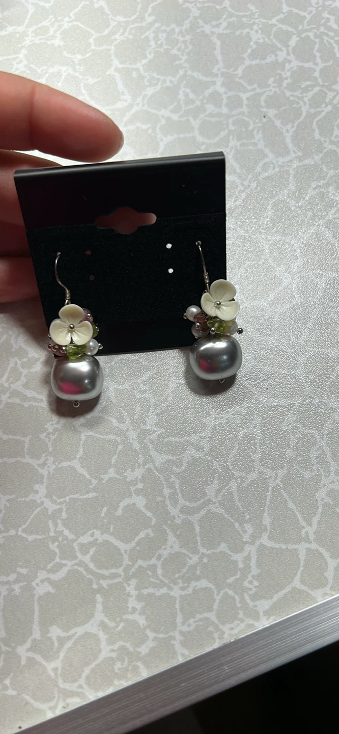 Silver Pearl Drop Earrings with White Flower Accents - photo 3