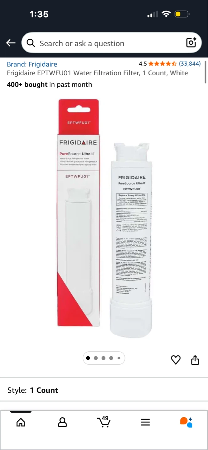 Frigidaire EPTWFU01 Water Filtration Filter, 1 Count, White