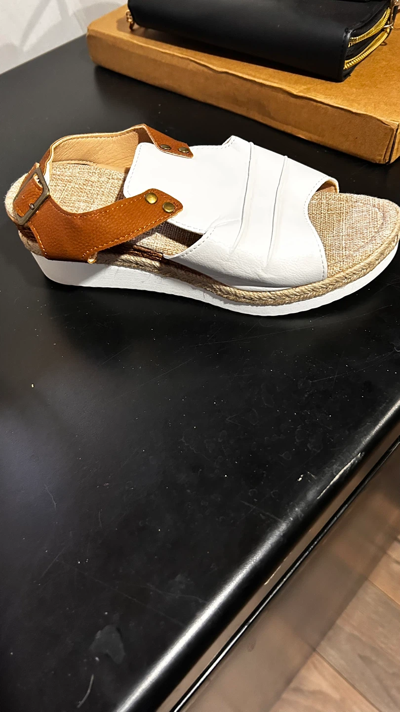 White and Brown Strappy Wedge Sandals