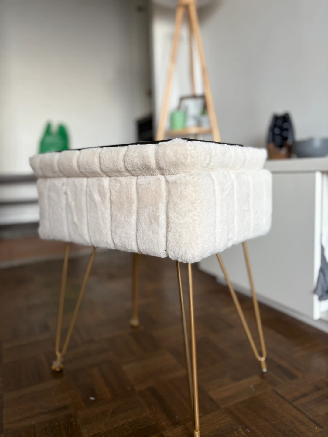 Faux Fur Storage Ottoman with Gold Legs