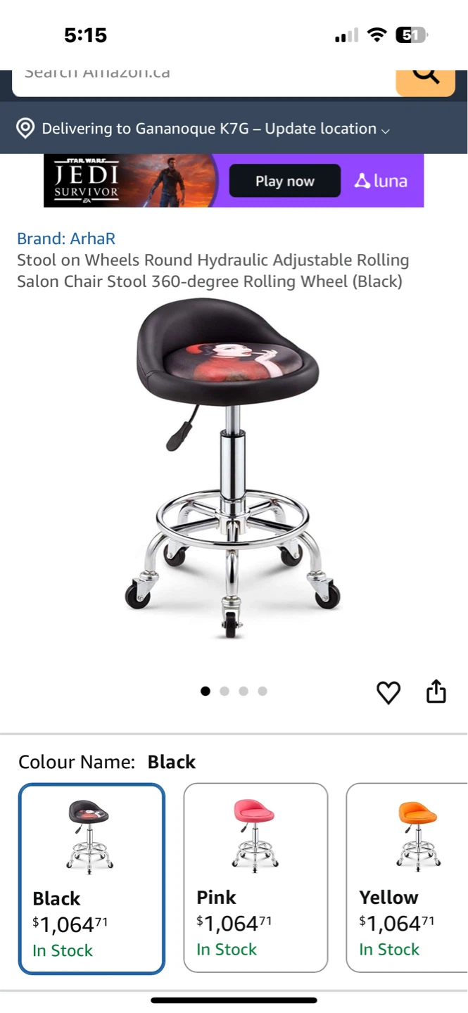 Salon Rolling Stool - Black - photo 2