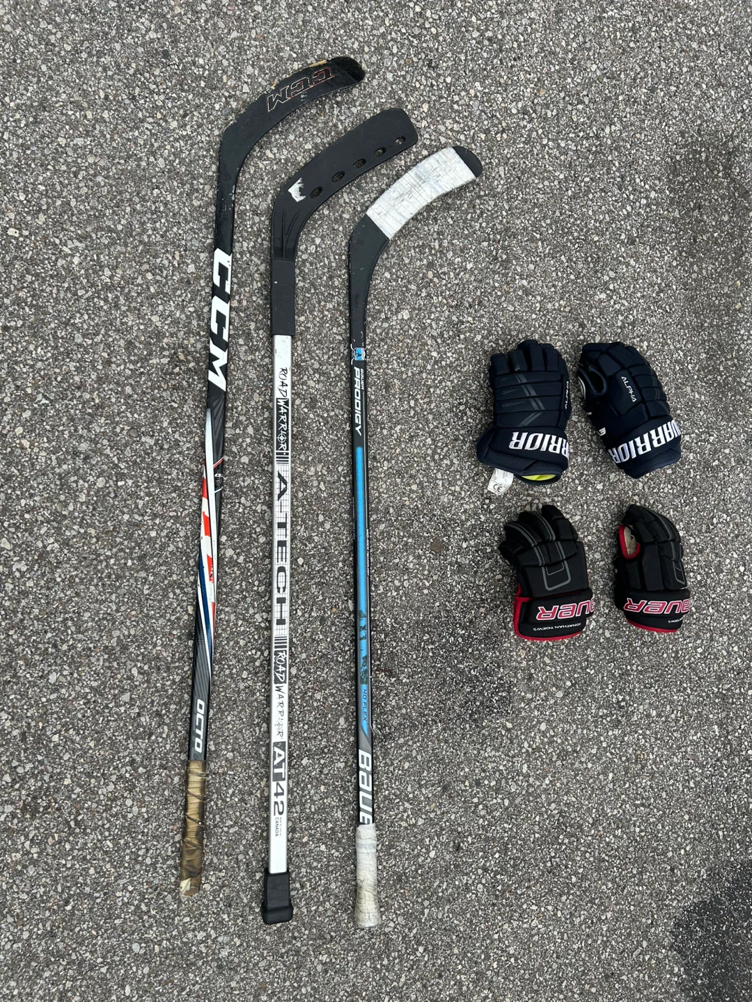 Hockey sticks and gloves