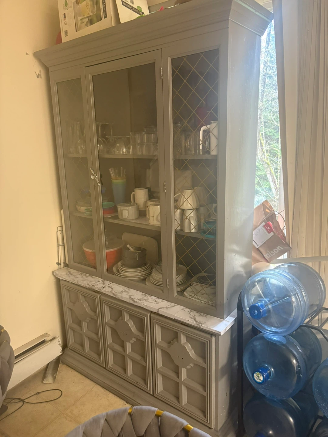 Grey China Cabinet with Glass Doors