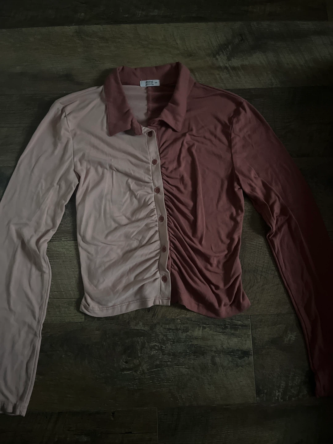 Two-Tone Ruched Button-Up Shirt