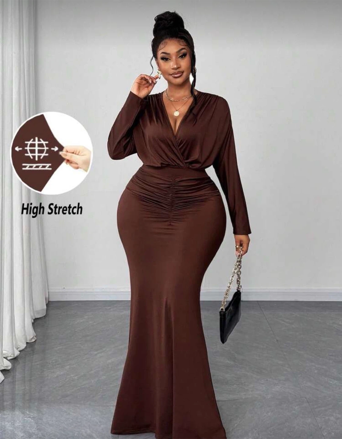 Maweii Brown Ruched V-Neck Long Sleeve Maxi Dress