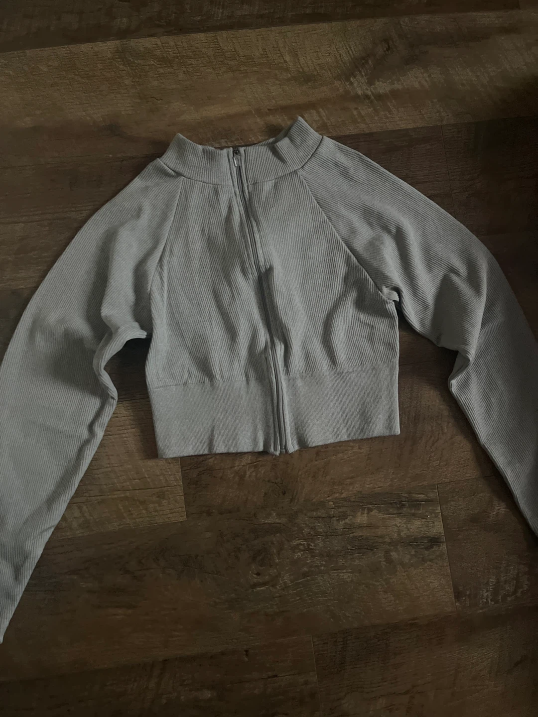 Grey Ribbed Zip-Up Cropped Jacket
