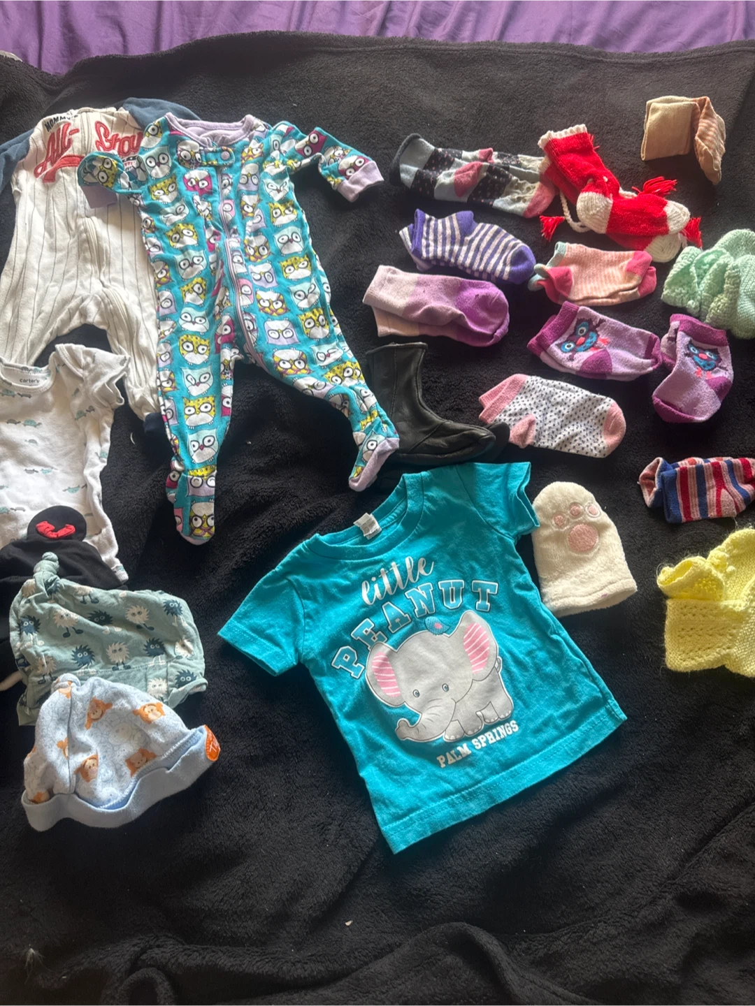 Baby clothes lot: onesies, t-shirt, hats, socks, boots
