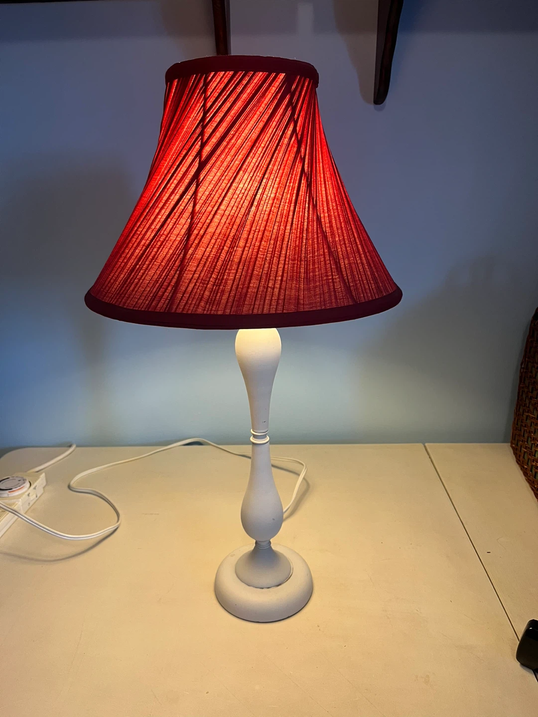 White Table Lamp with Red Pleated Shade