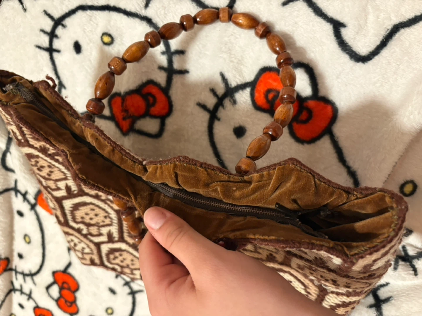 Vintage Beaded Handle Geometric Knit Handbag - photo 3