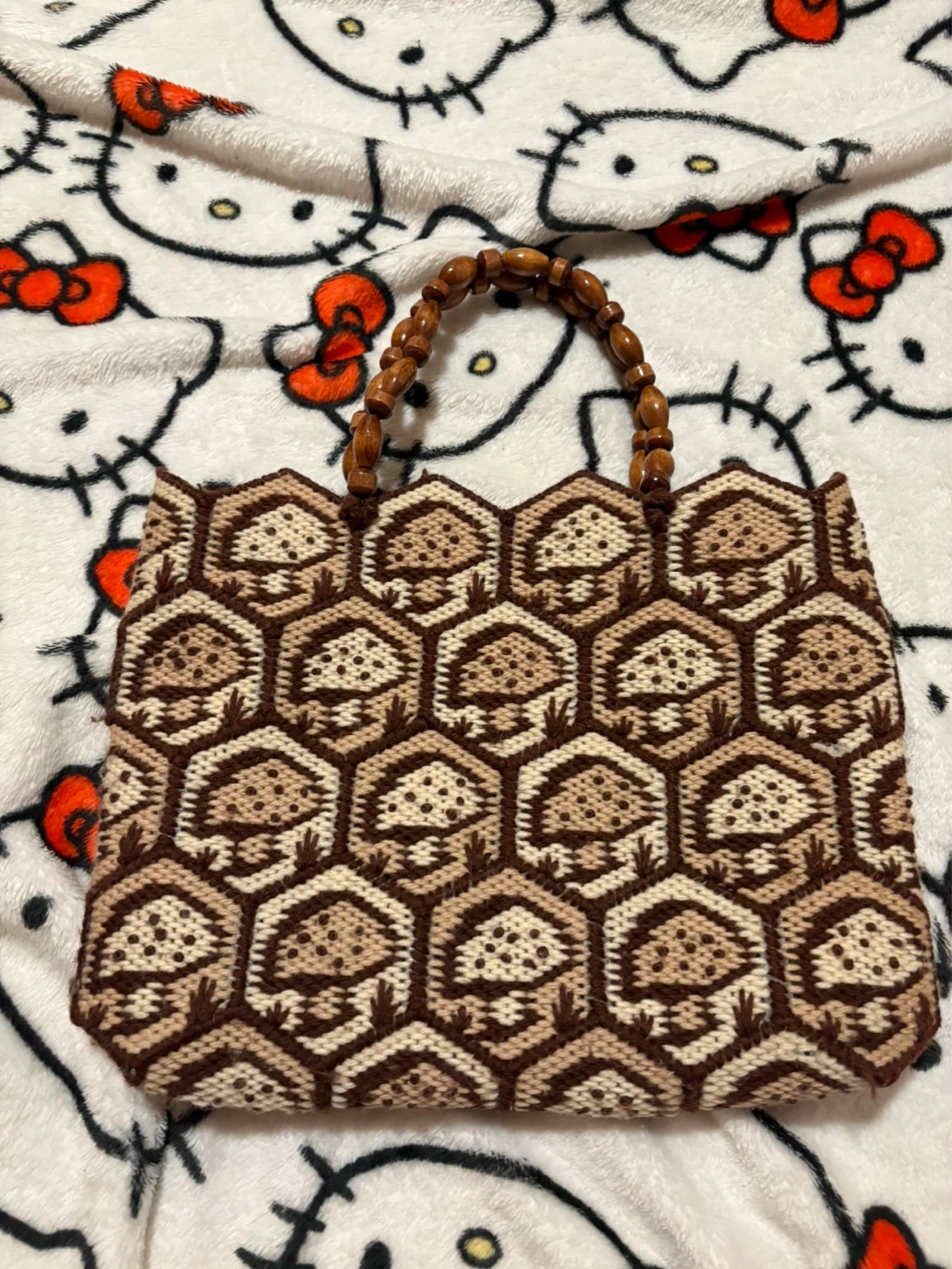Vintage Beaded Handle Geometric Knit Handbag