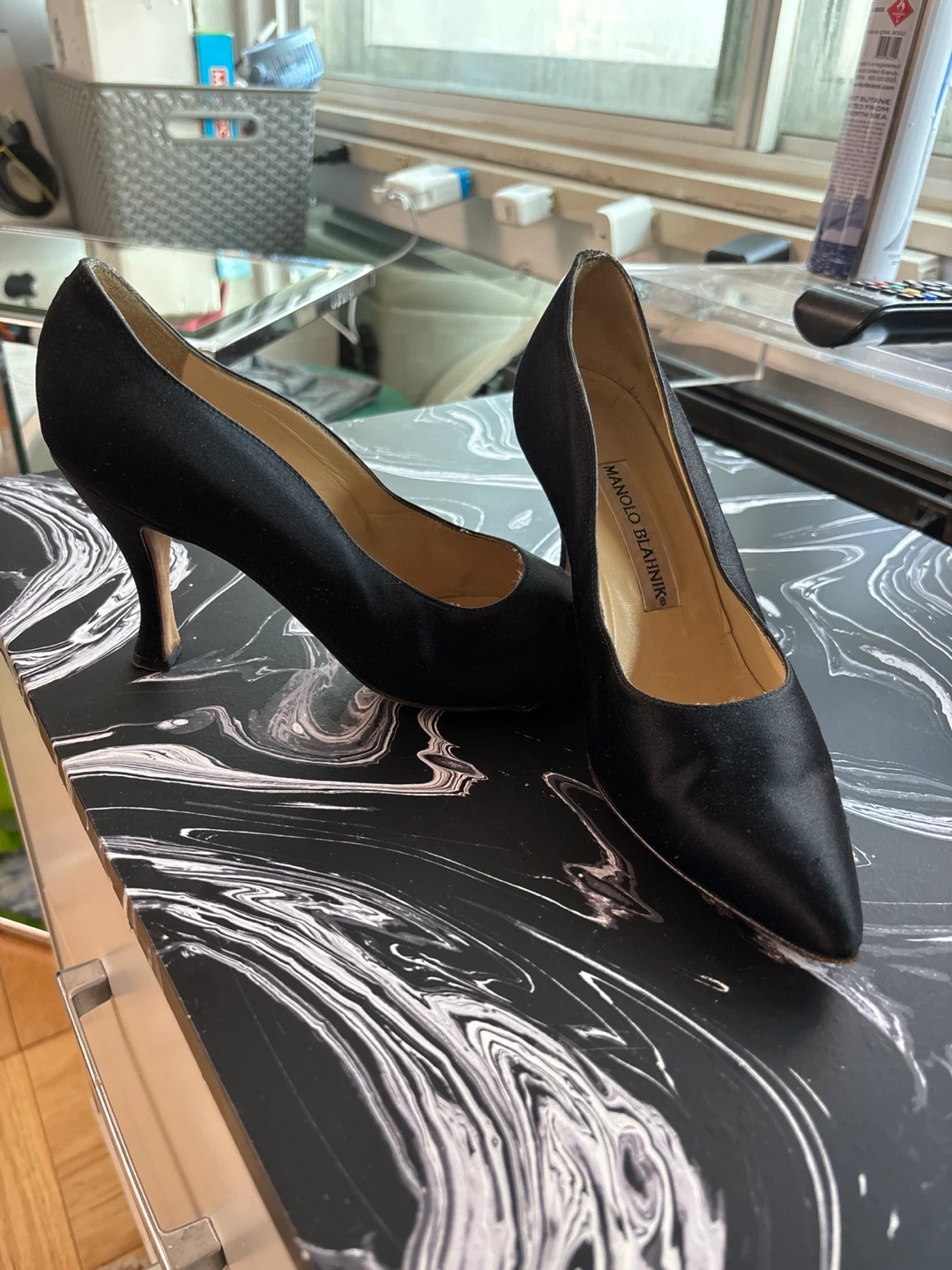 Manolo Blahnik Black Satin Pointed Toe Pumps