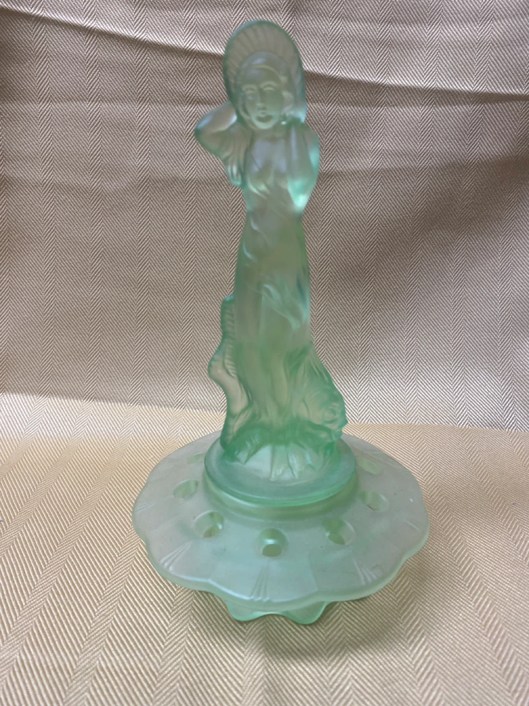 VINTAGE - Green Glass Figurine Candlestick Holder