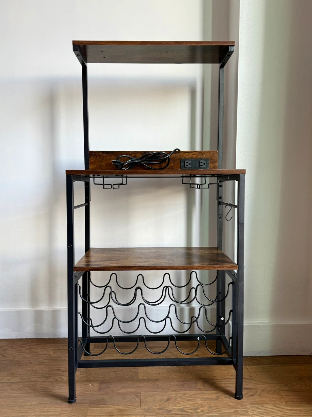 Industrial Bar/Bakers Rack with Wine Storage & Built-In Outlets