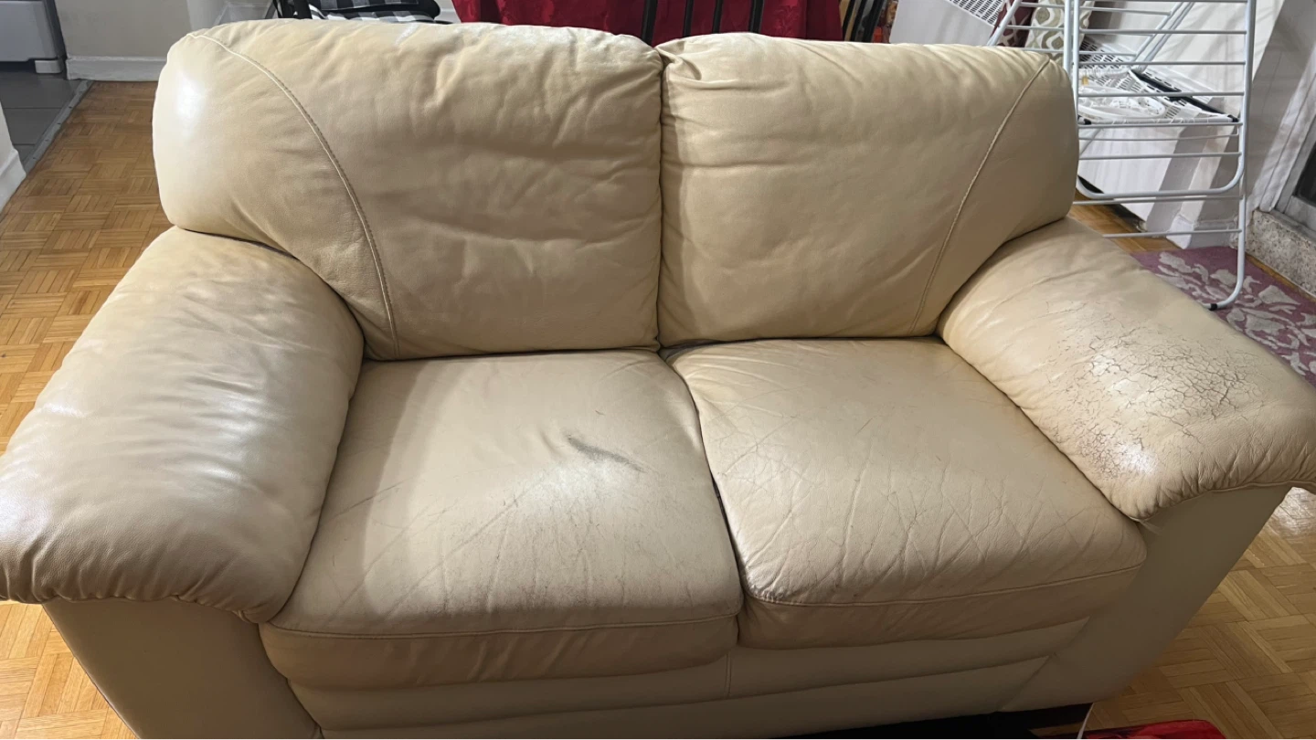 Cream Leather 2 Seater Sofa/Couch with cover - photo 2