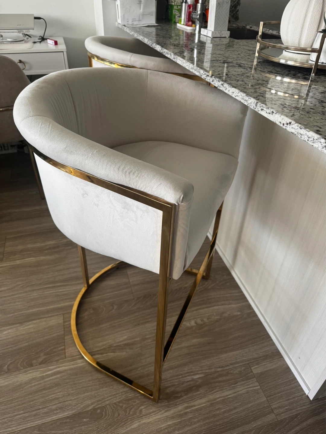 Cream Velvet Bar Stools with Gold Frame (Set of 2) - photo 2