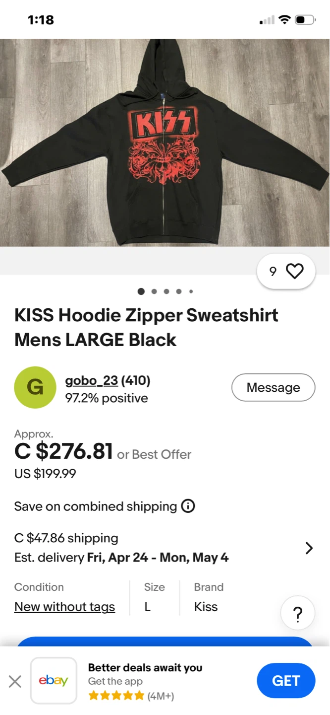 Vintage rare KISS Hoodie Zipper Sweatshirt Mens Large Black - photo 4