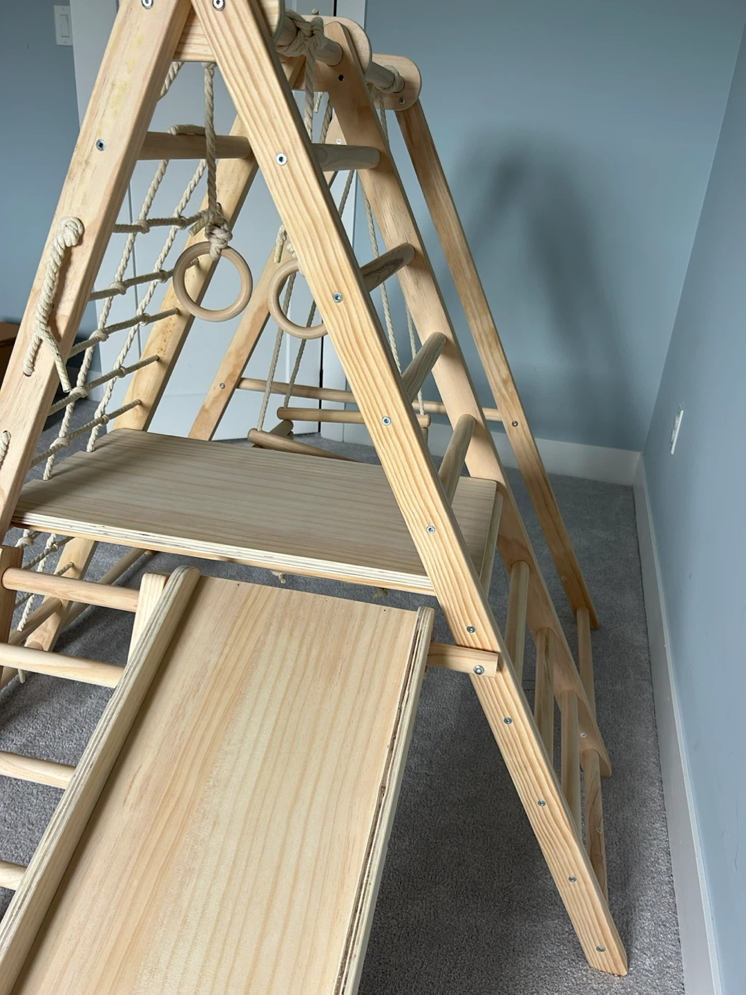 Wooden Indoor Playground Climber with Slide and Rings