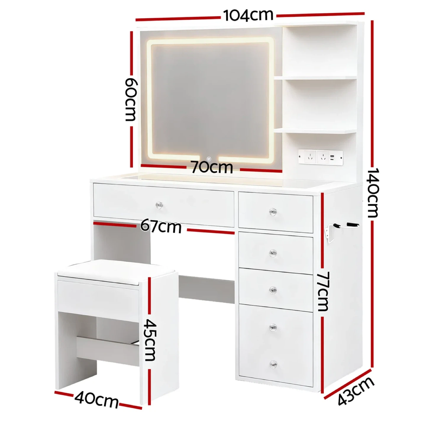 White Vanity Dressing Table with Lighted Mirror and Stool - photo 2