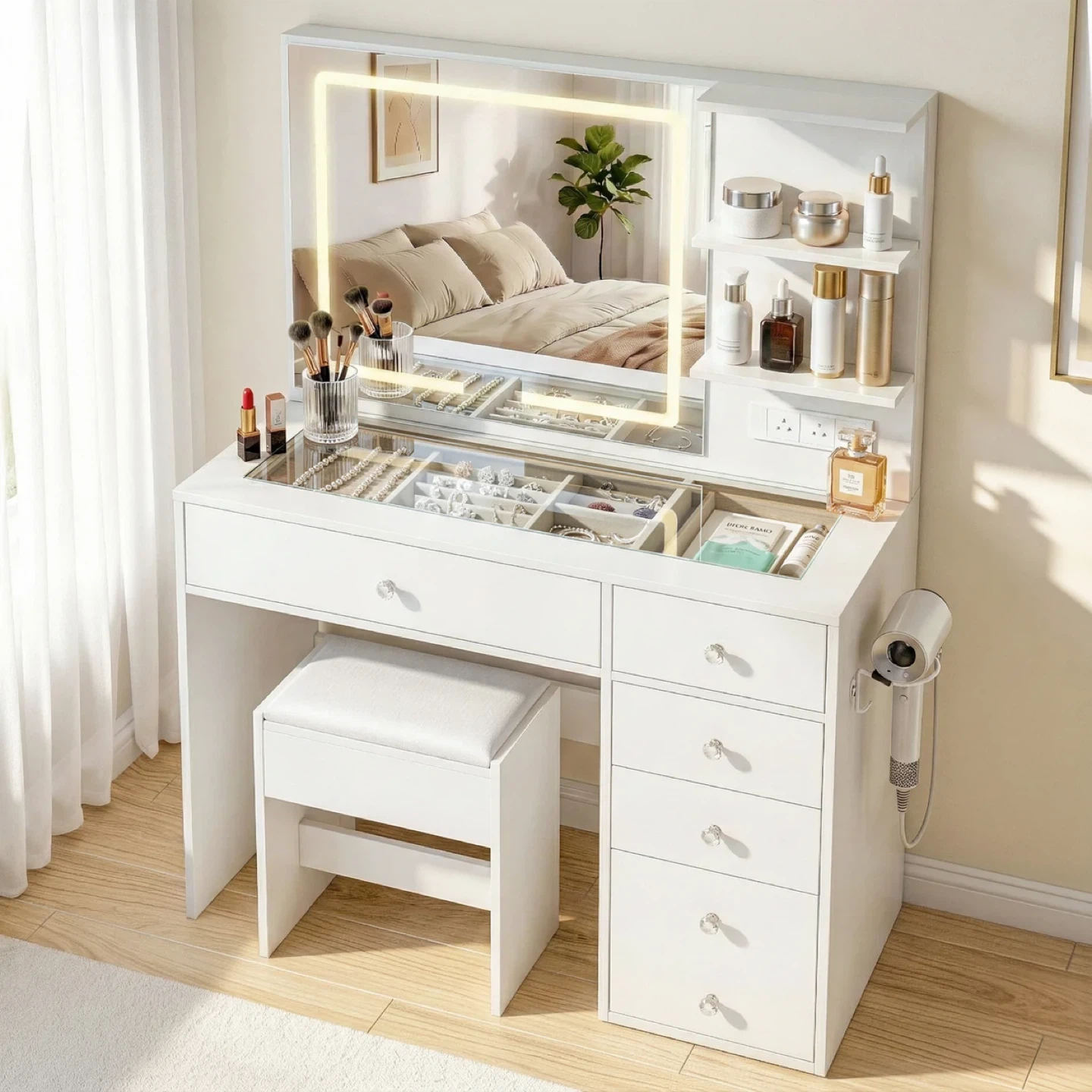 White Vanity Dressing Table with Lighted Mirror and Stool - photo 3