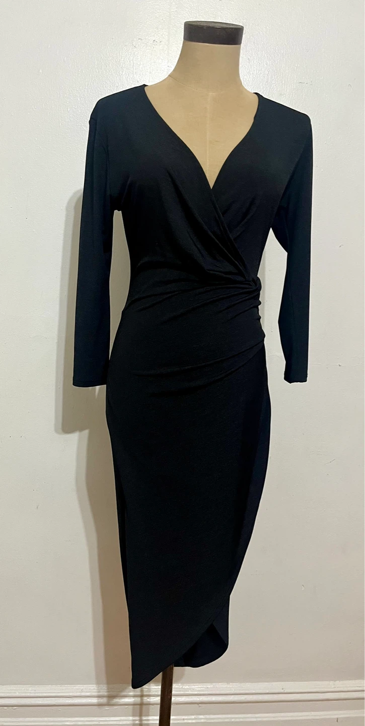 Black Three Quarter Sleeve Wrap Dress - Small