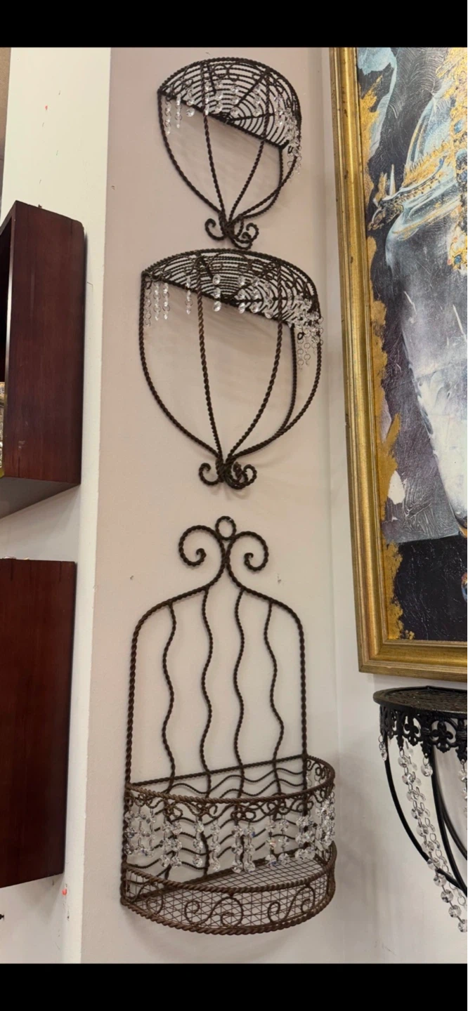 Set of Three Decorative Metal Wall Shelf with Crystals