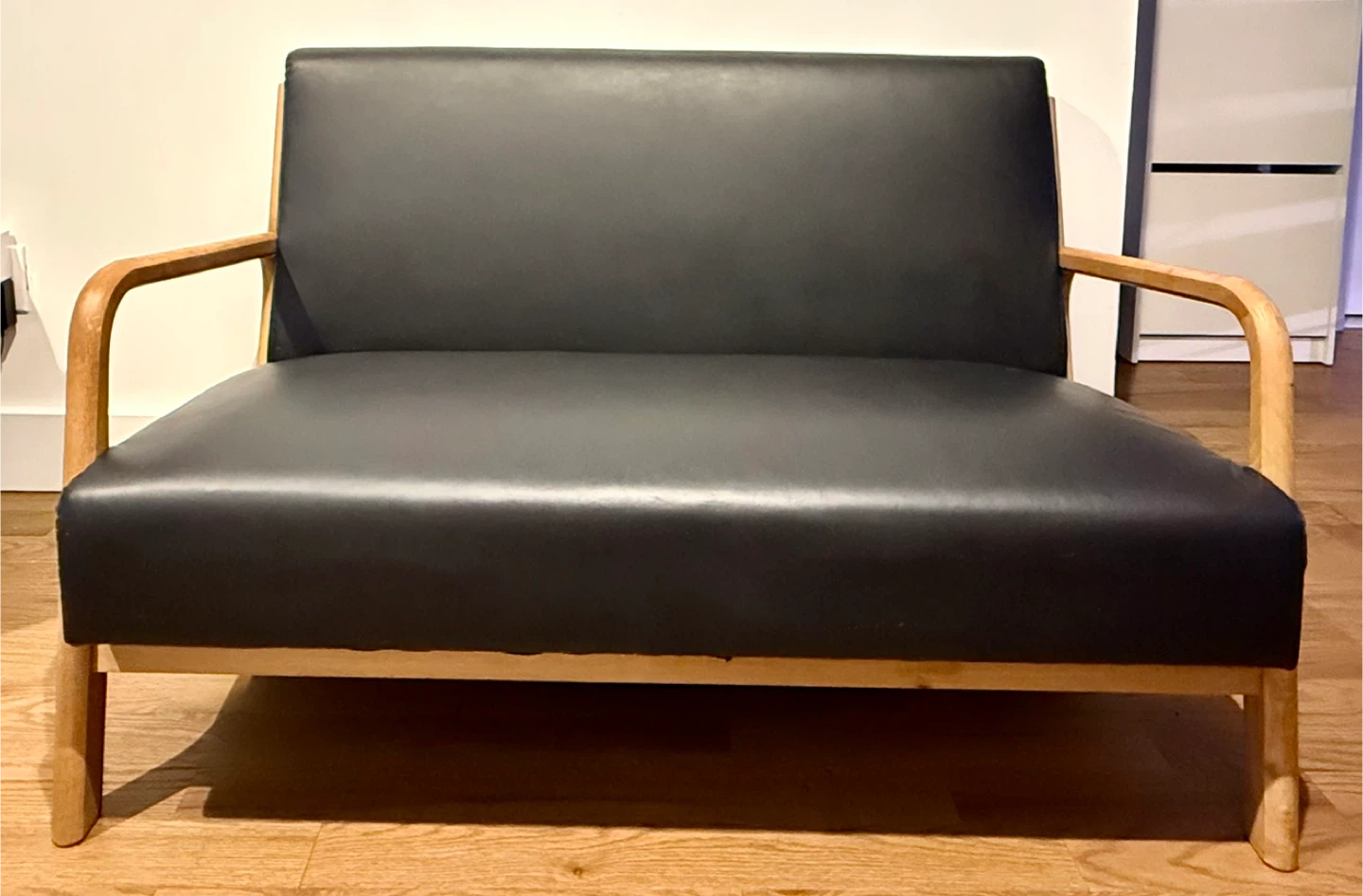 Mid-Century Modern Loveseat — Faux Leather + Natural Wood Frame