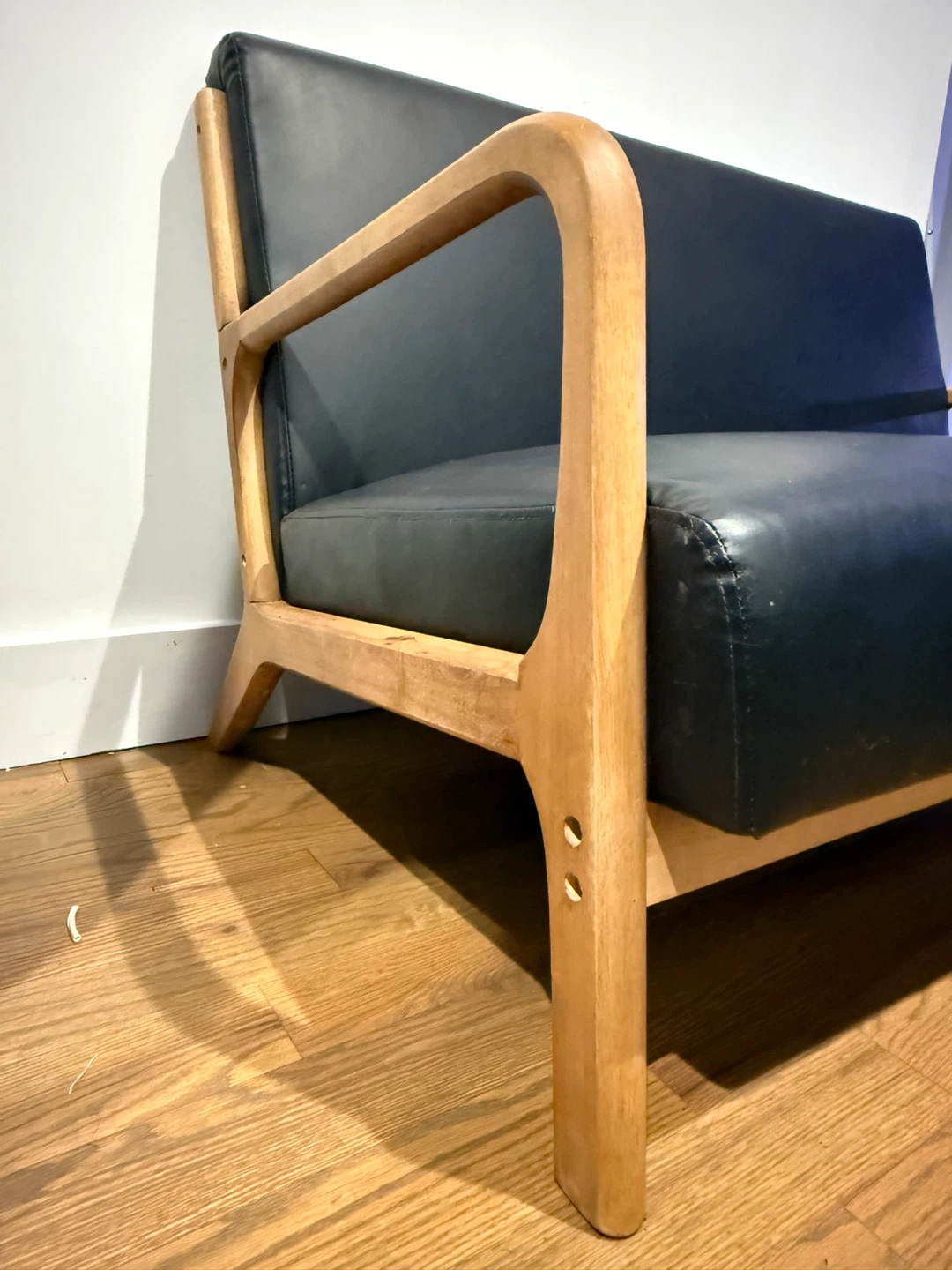 Mid-Century Modern Loveseat — Faux Leather + Natural Wood Frame - photo 3