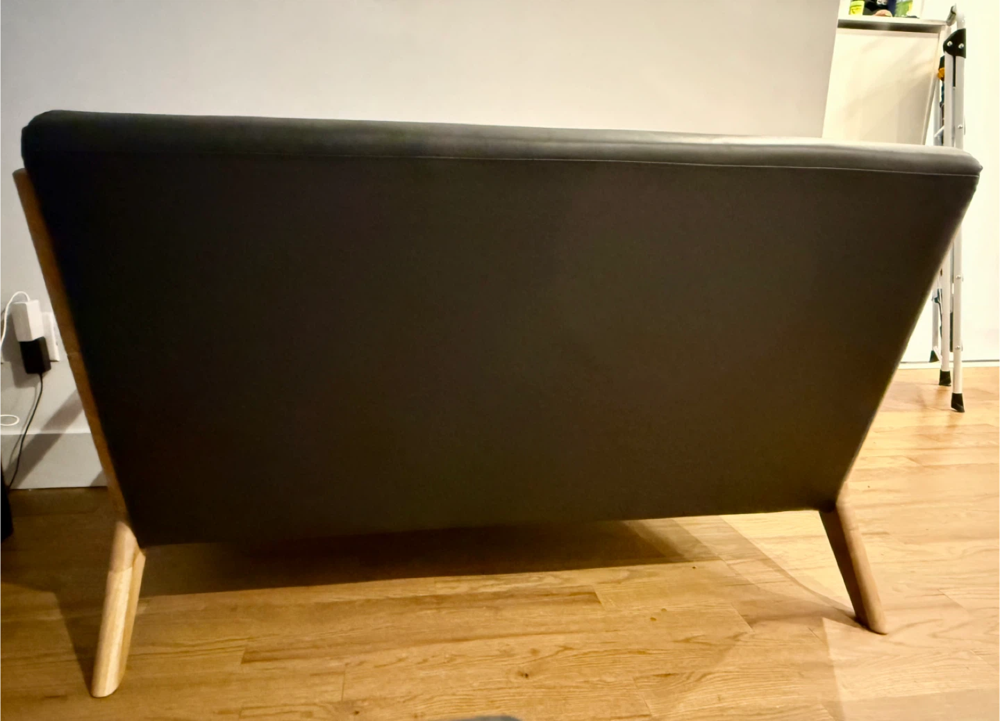 Mid-Century Modern Loveseat — Faux Leather + Natural Wood Frame - photo 2