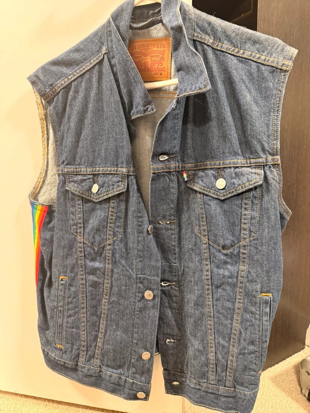 Levi's Denim Vest - Size M - Rainbow Stripe Detail