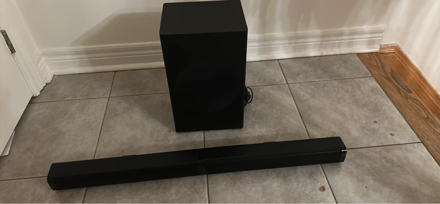 Black Soundbar and Subwoofer