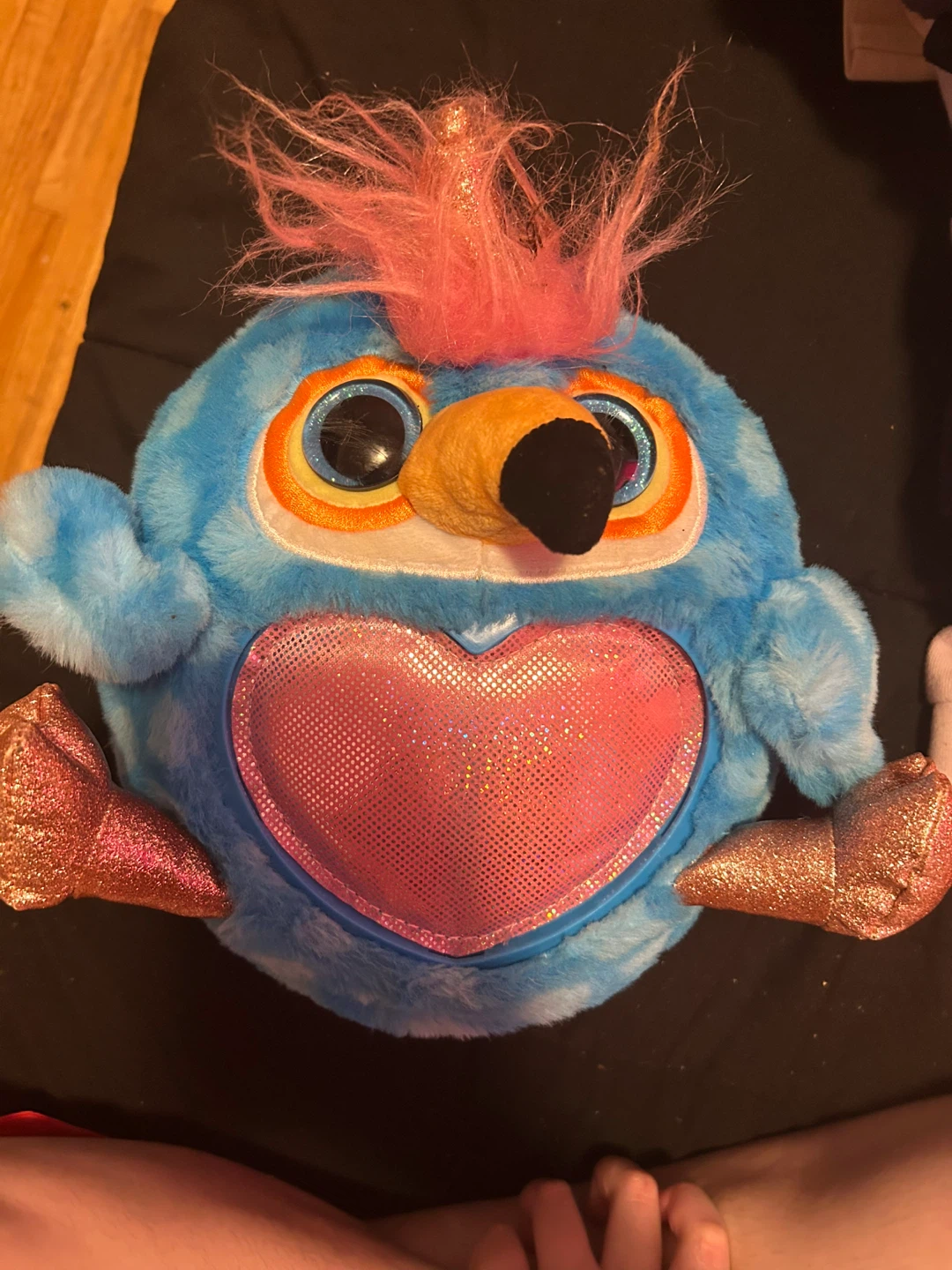 Blue Stuffed Bird with Pink Hair and Glitter Heart