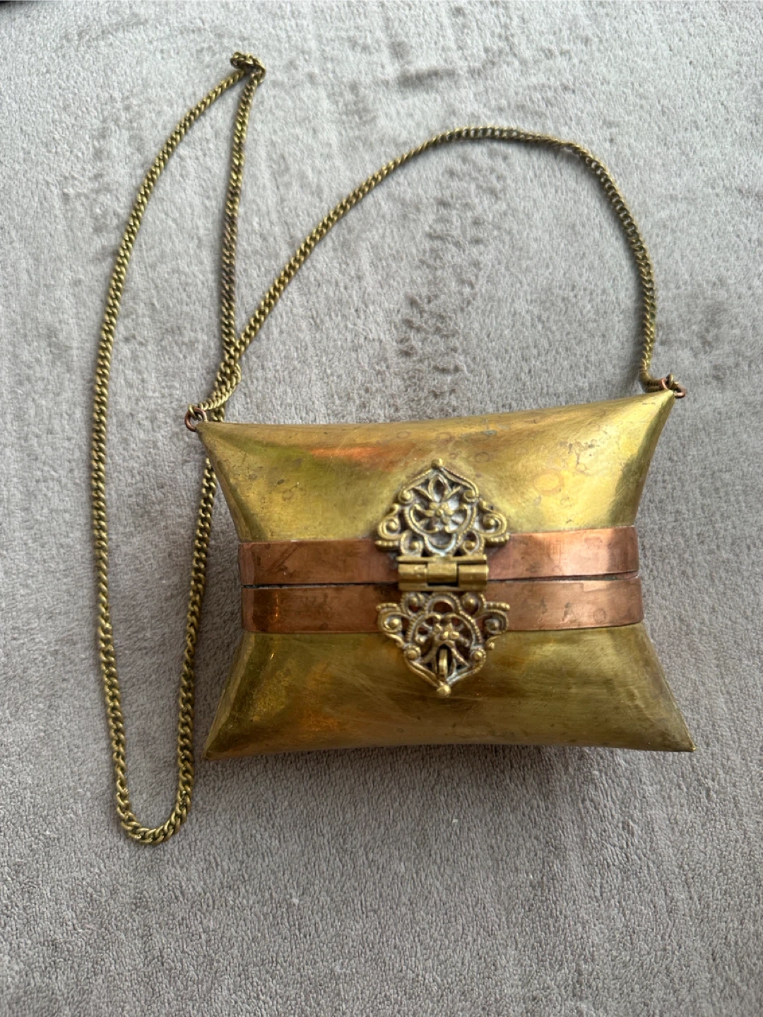 Antique Brass and Copper Pillow Box Bag with Chain