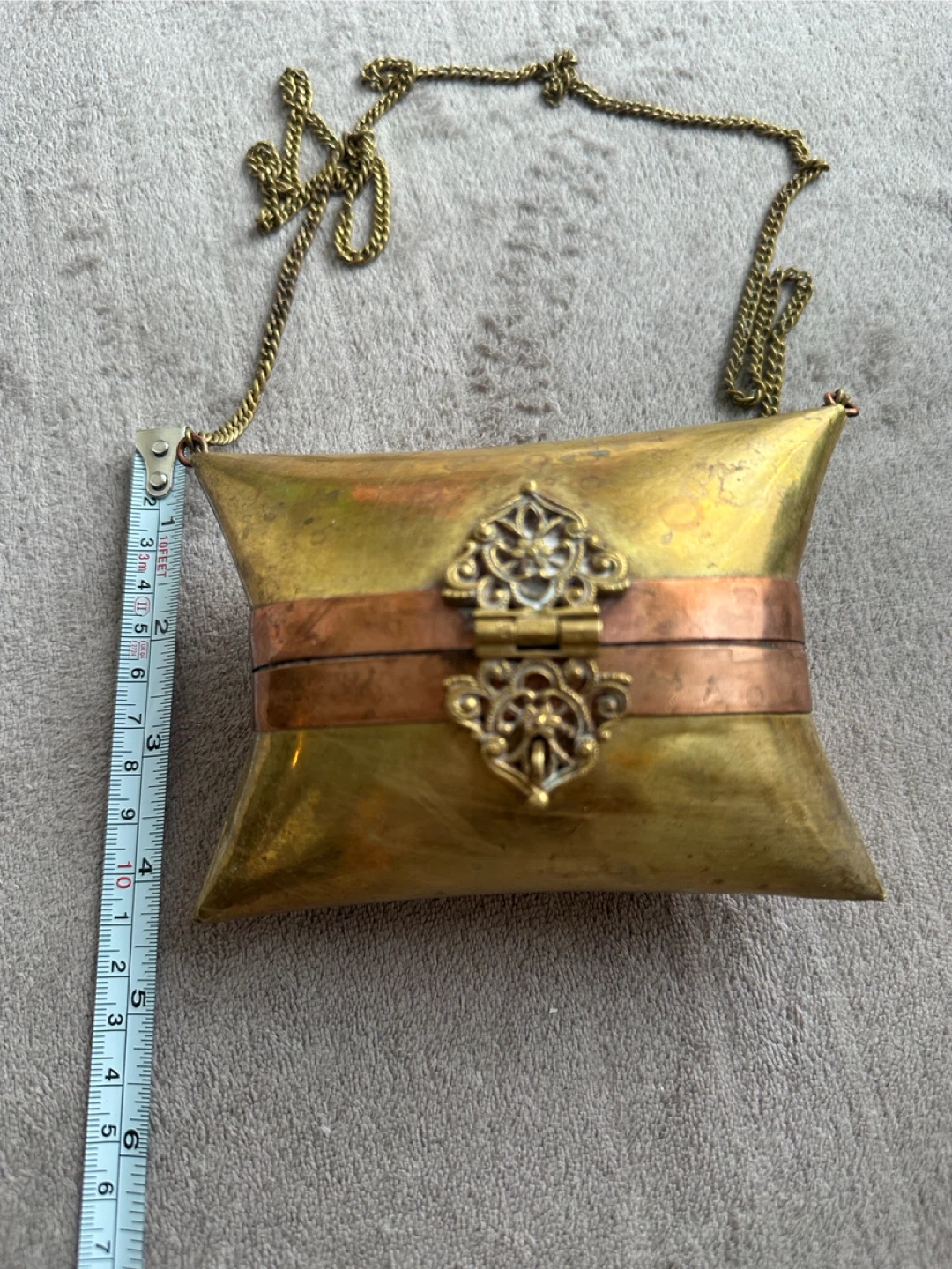 Antique Brass and Copper Pillow Box Bag with Chain - photo 2