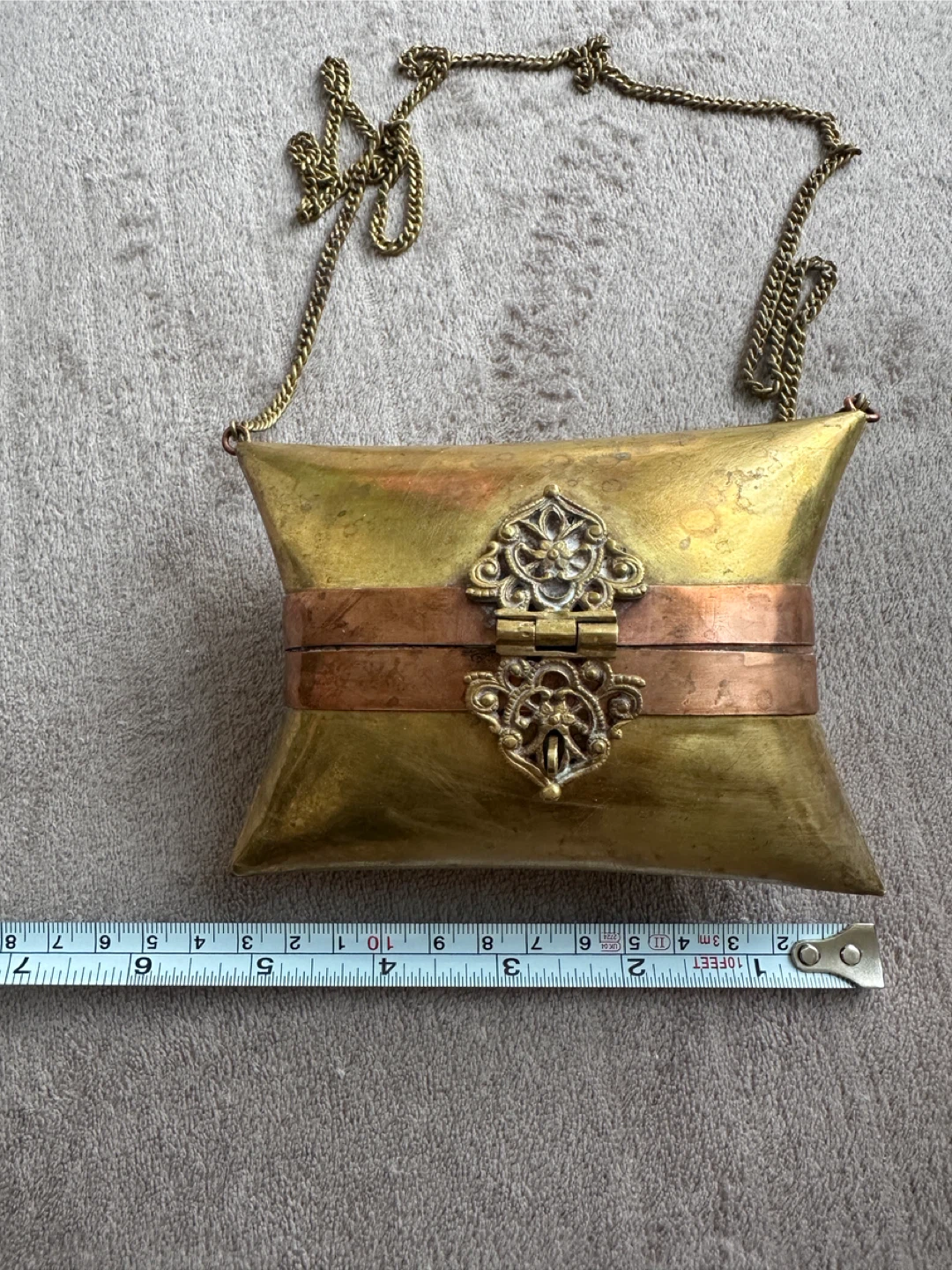 Antique Brass and Copper Pillow Box Bag with Chain - photo 3