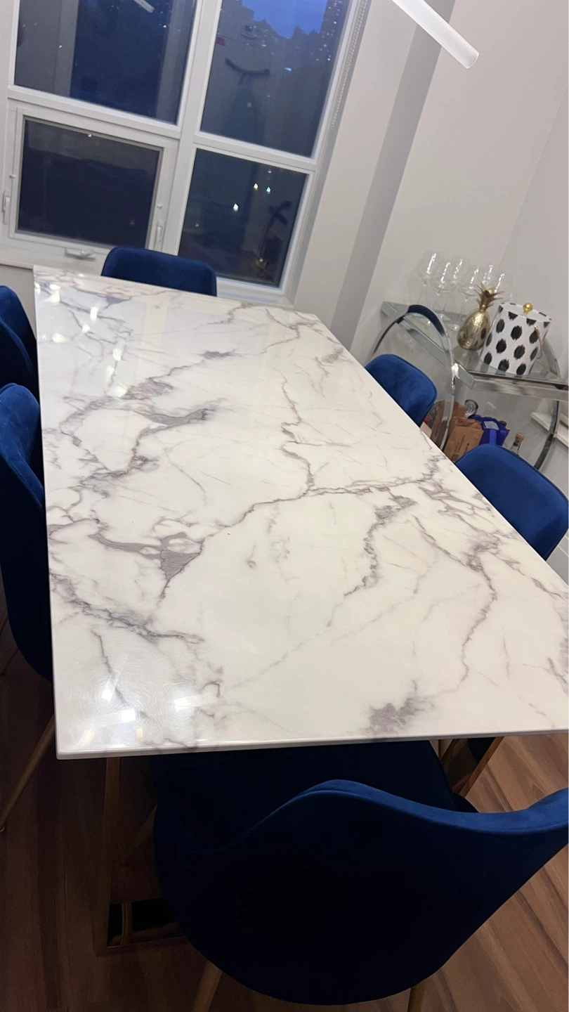 Marble Dining Table with 6 Blue Velvet Chairs - photo 4